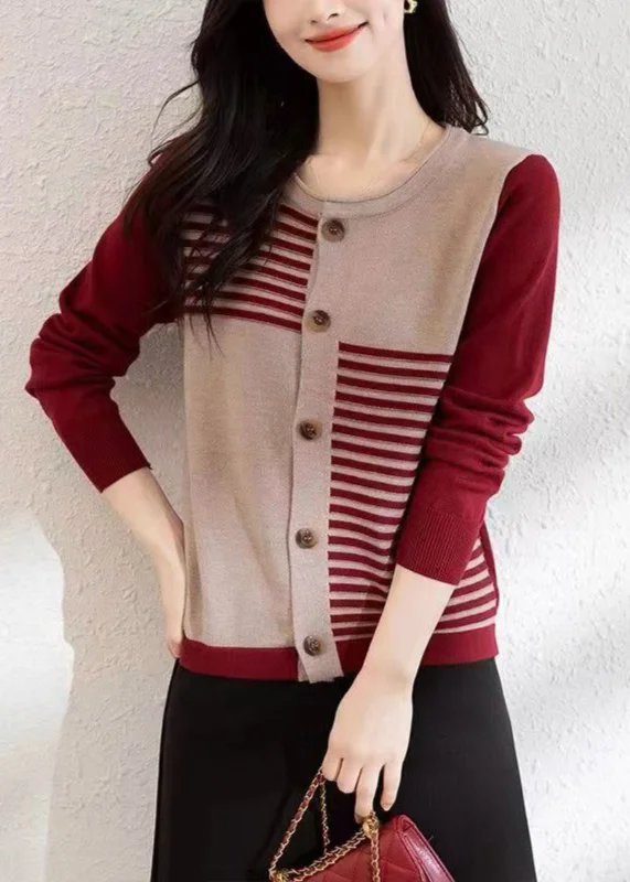 Soft Wear French Red O Neck Button Patchwork Knit Cardigans Fall
