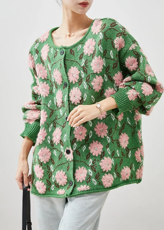 Retro Prints Green Floral Jacquard Cozy Knit Cardigans Oversized Winter