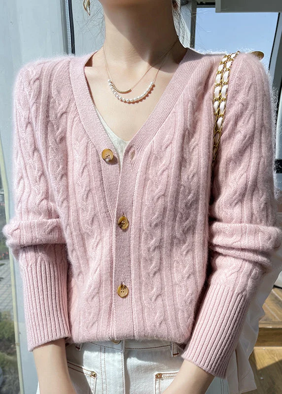 Classic Comfort Italian Pink V Neck Solid Cable Wool Knit Cardigans Fall