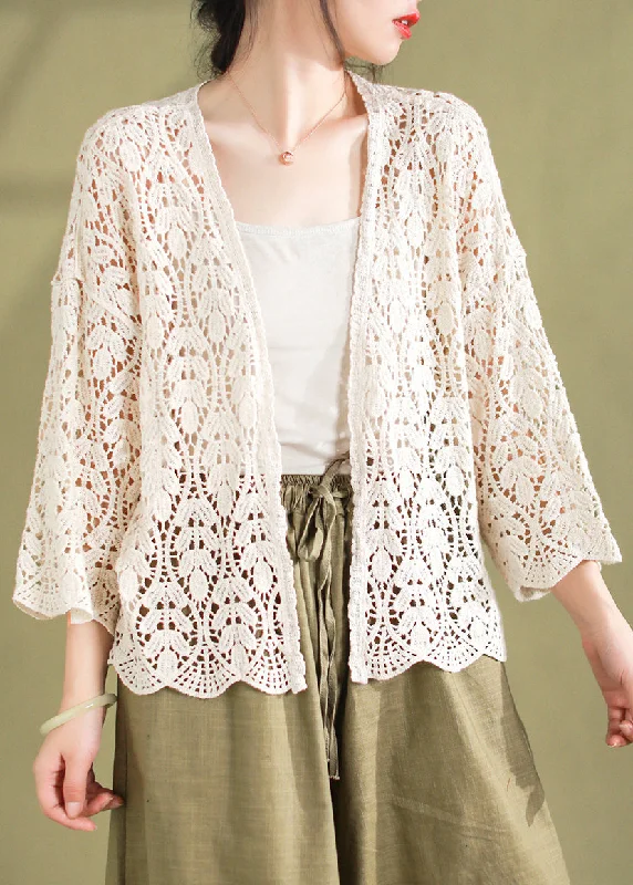 Refreshing Design Loose White V Neck Hollow Out Knit Cardigan Summer