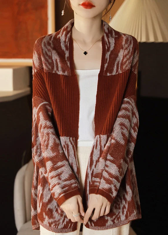 Sweet Style French Red V Neck Patchwork Wool Knit Cardigans Long Sleeve