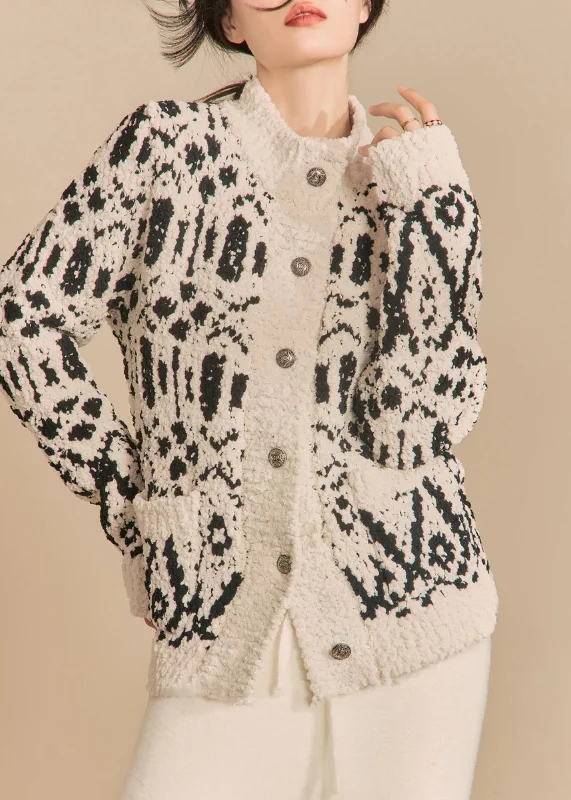 Loose Black Print Button Cotton Knit Cardigan Winter