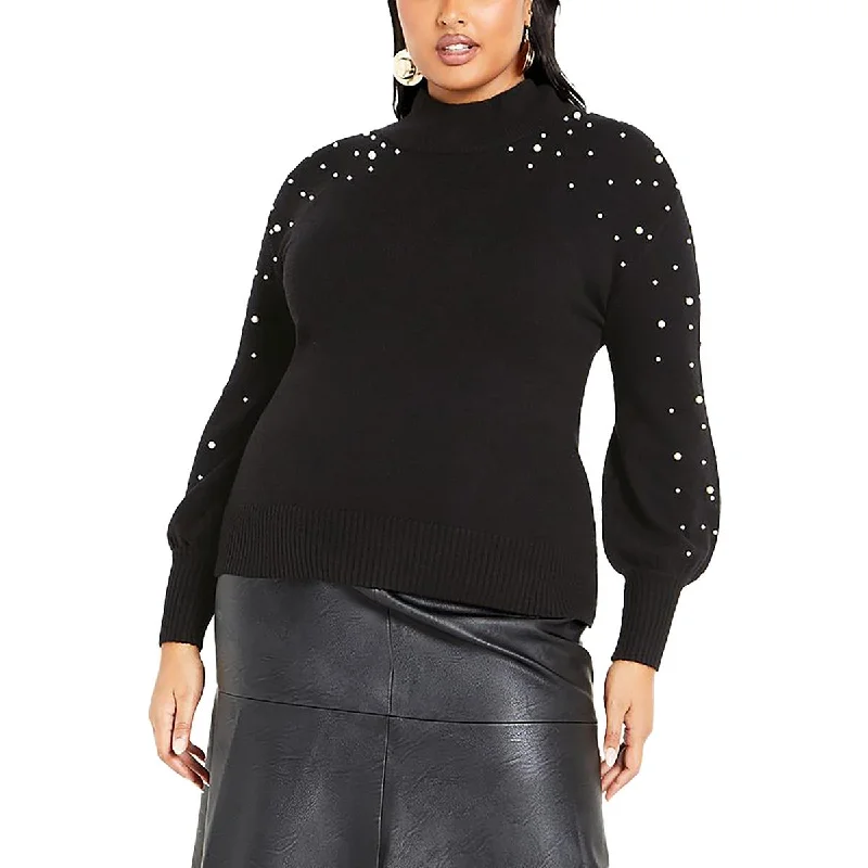 Cute Style Plus Womens Embellished Long Sleeve Crewneck Sweater