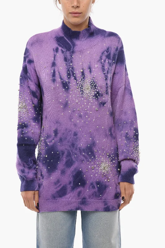 Des Phemmes Turtleneck Tie Dye Wool Pullover With Crystals