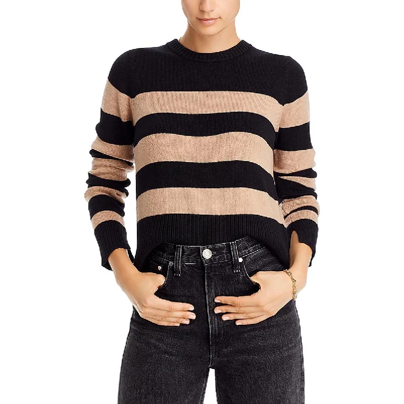 Retro Fashion Single Thread Womens Ribbed Trim Striped Crewneck Sweater