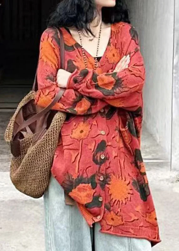 Eye-catching Personality Loose Red V Neck Print Button Knit Cardigans Spring
