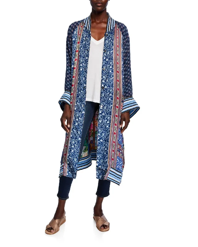 Reversible Long Fiori Silk Twill Kimono Coat In Multi