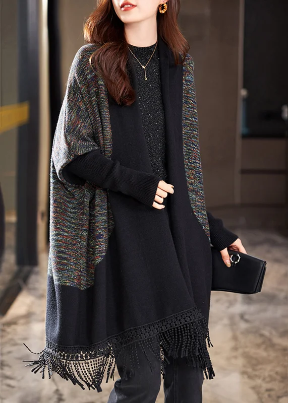 Timeless Comfort Handmade Black Tasseled Patchwork Knit Cardigan Batwing Sleeve