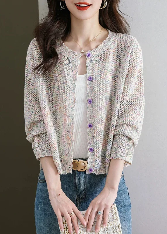 Luxury Classic French Beige Hollow Out Button Knit Cardigan Fall