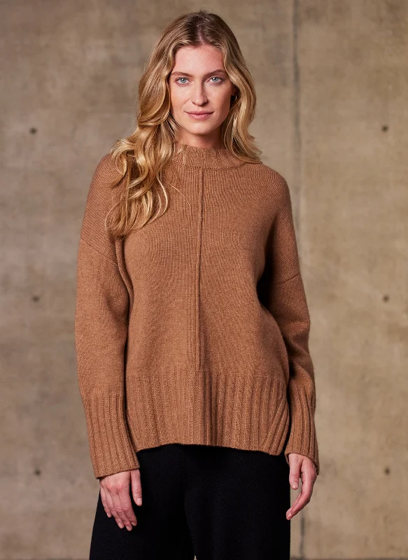 High-end Customization Women's Alessandra Mock Neck Knitted Cashmere Sweater in Camel