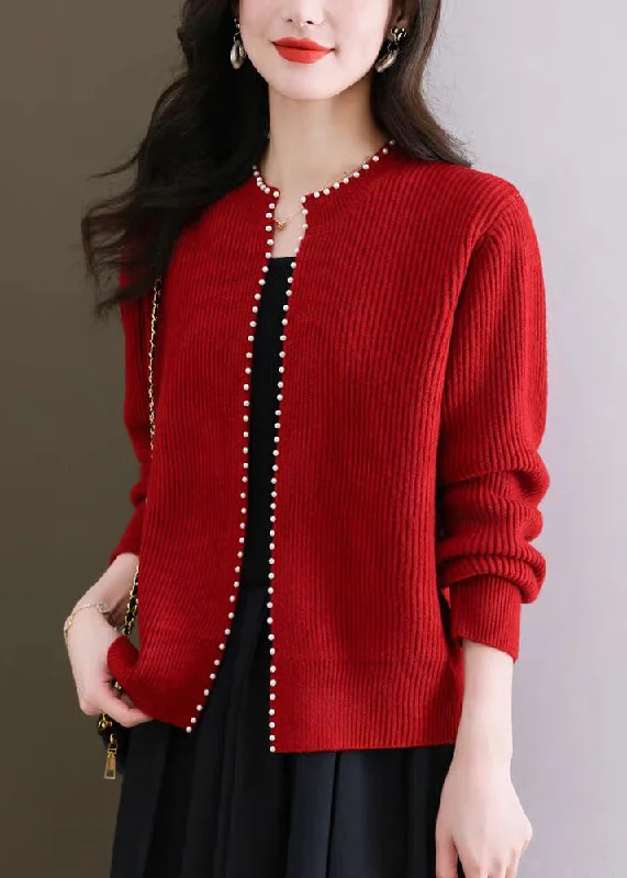 Effortless Elegance French Red O Neck Nail Bead Knit Cardigans Fall