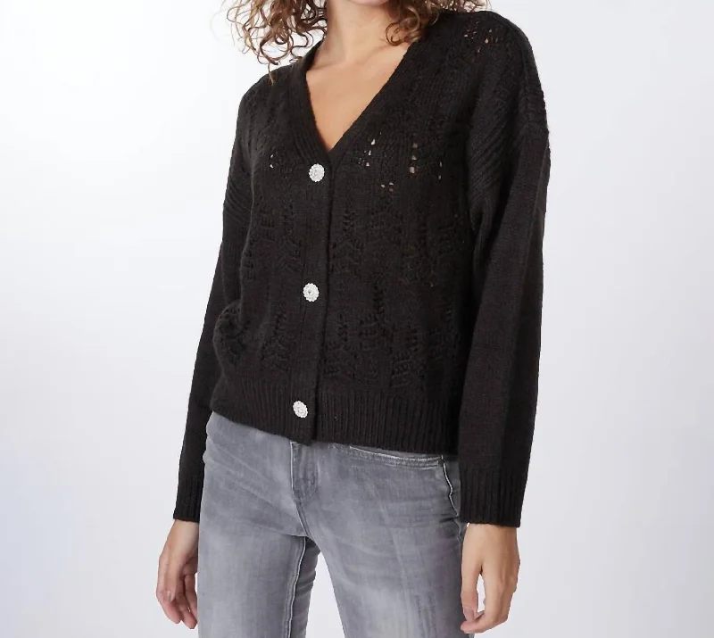 Youthful Street Fashion Pointelle Knit Cardigan In Black