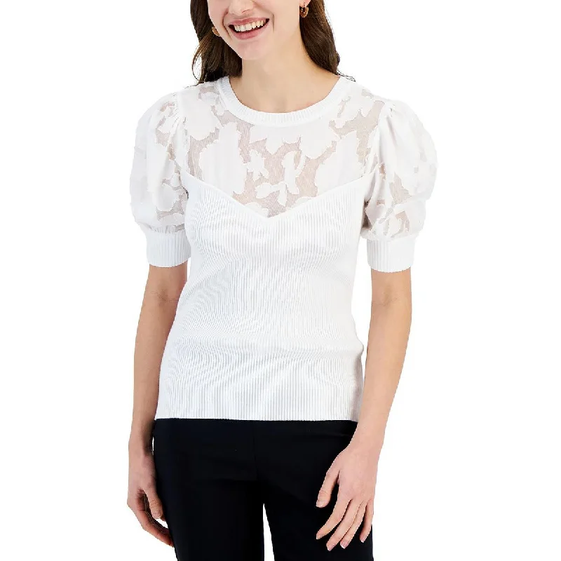 Cozy Apparel T Tahari Womens Puff Sleeve Burnout Pullover Sweater