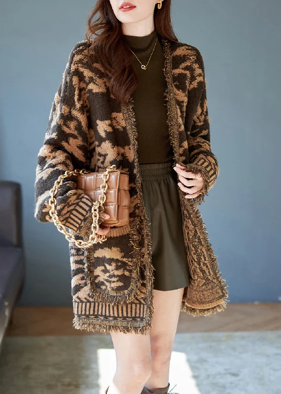 Energy Plan French Khaki Oversized Jacquard Knit Cardigans Winter