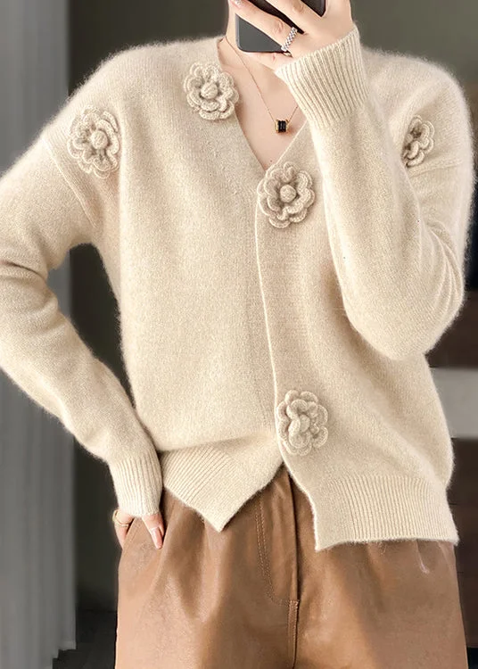 Personalized Series Handmade Beige V Neck Floral Crochet Cashmere Knit Cardigan Spring