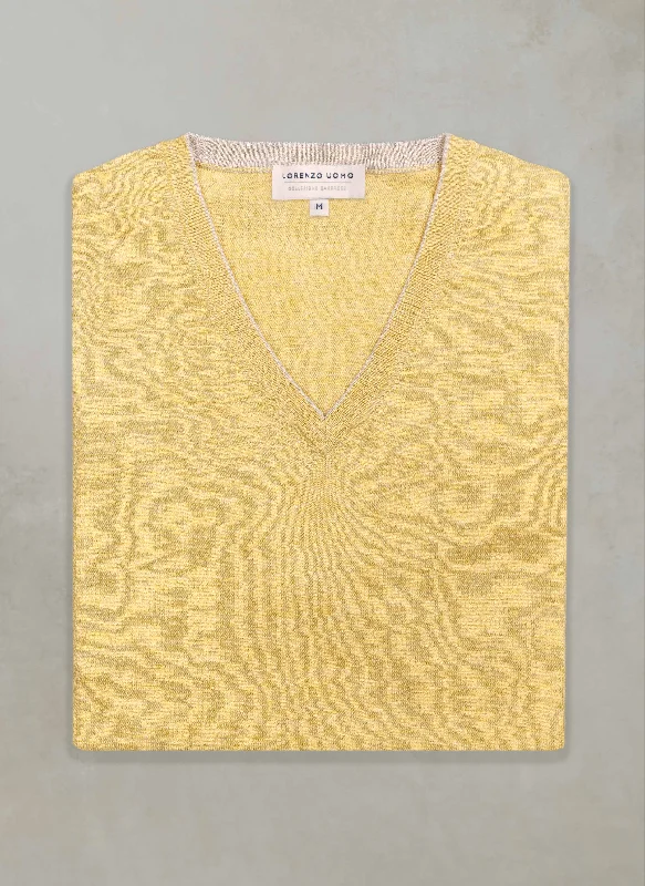 Elegant Wear Men's St. Barths Contrast V-Neck Cashmere Sweater in Yellow