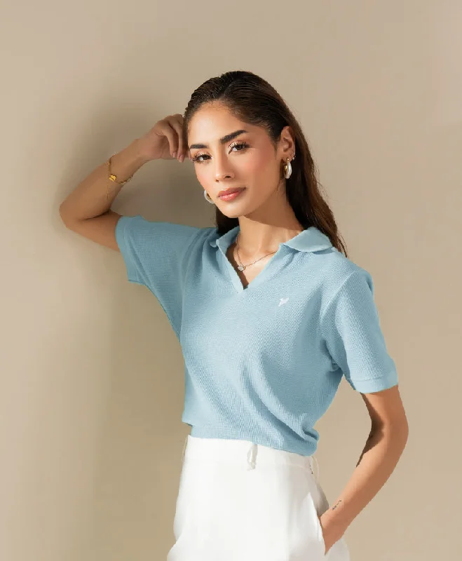 Elegant And Simple Sky Waffle Knit POLO (Women)