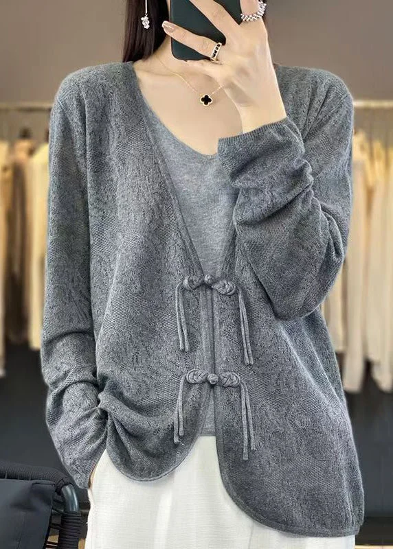 Comfortable Sweaters Grey Solid Cozy Knit Cardigans V Neck Long Sleeve