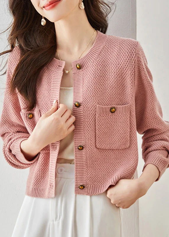 French Retro French Pink Cozy Cable Knit Cardigan Spring