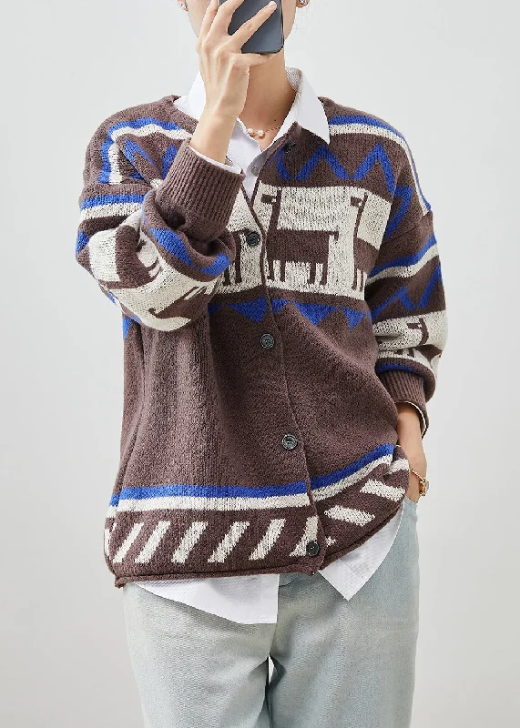 Quality Tailoring Italian Coffee O-Neck Print Knit Cardigans Spring