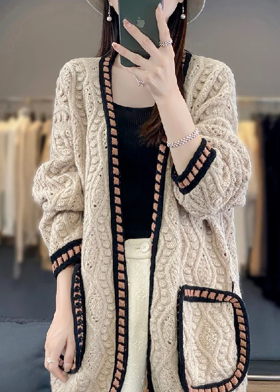 Hooded design Loose Camel Hollow Out Patchwork Cotton Knit Cardigan Fall