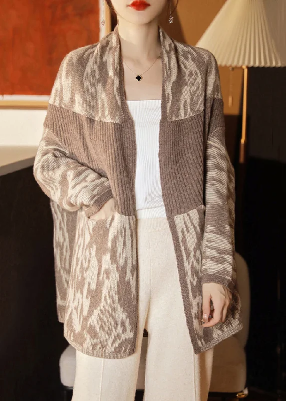 Trendy And Casual New Camel Pockets Patchwork Wool Knit Cardigan Batwing Sleeve
