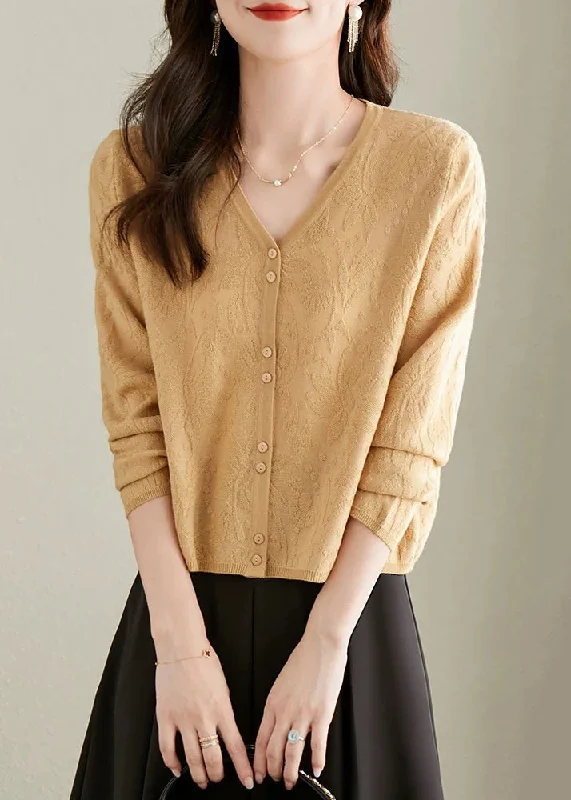 Smart Comfort Jacquard Yellow V Neck Button Solid Knit Cardigan Fall