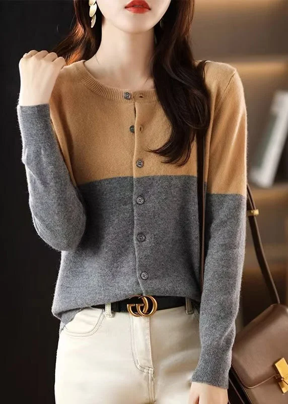 Cozy Chic Wear Loose Camel Patchwork Button Wool Knit Cardigans Fall