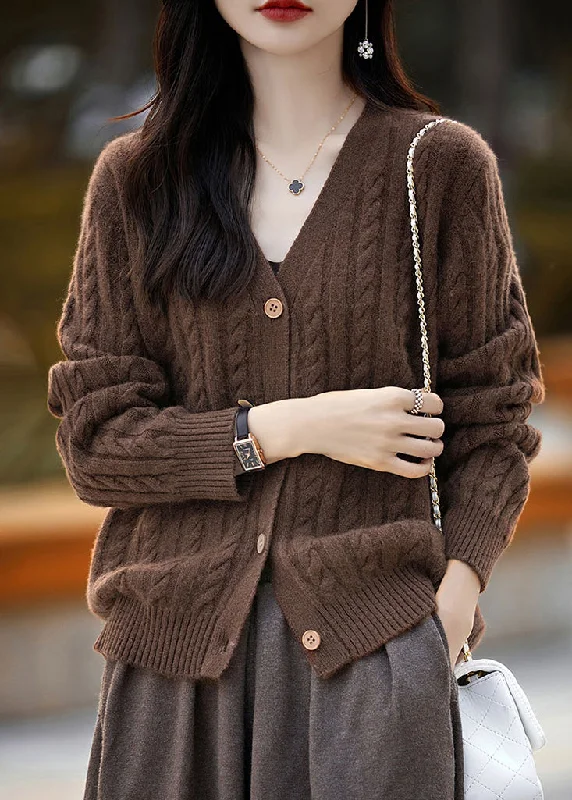 Weekend Comfort Wear New Coffee V Neck Button Woolen Knit Cardigans Fall