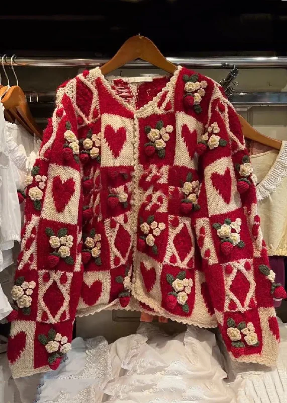 High-end Wear Floral Red O Neck Button Patchwork Knit Cardigan Long Sleeve