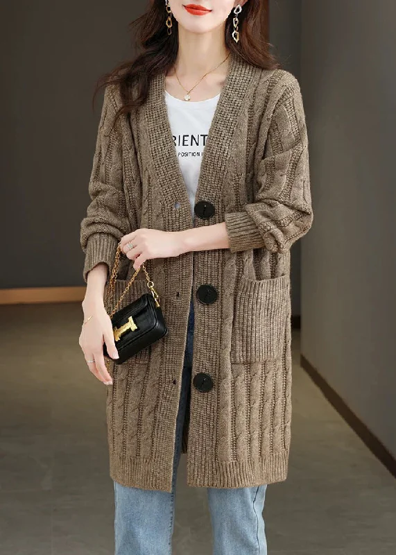 Elegant Comfort French Dark Khaki V Neck Button Wool Knit Cardigan Fall