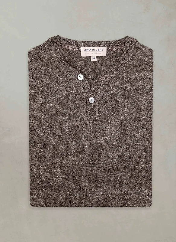 Embroidered Letters Men's St. Germain Henley 2-Button Cashmere Sweater in Brown