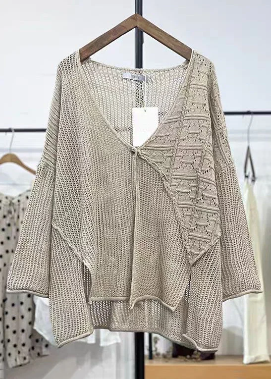 Minimalism New Apricot V Neck Hollow Out Knit Cardigans Long Sleeve