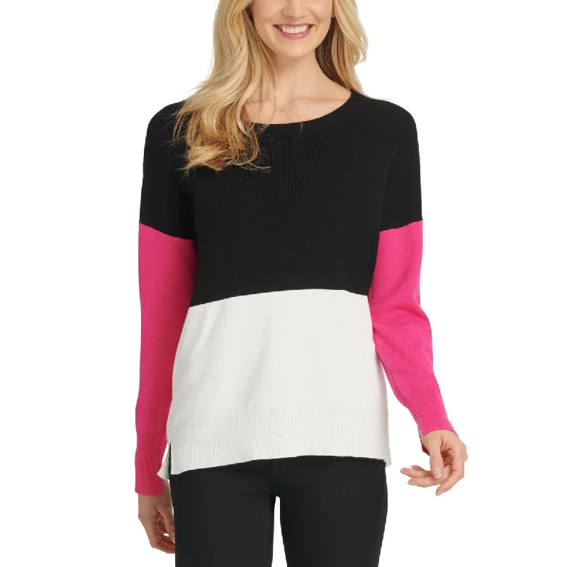 High-end Sense DKNY Womens Colorblock Ribbed Trim Crewneck Sweater