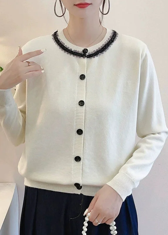 Sports Series French Beige Button Patchwork Cashmere Knit Cardigans Fall