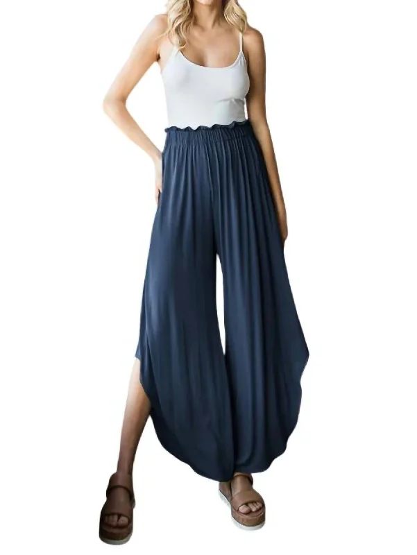 Comfortable Looks Full Size Frill Slit High Waist Wide Leg Pant - Plus In Navy