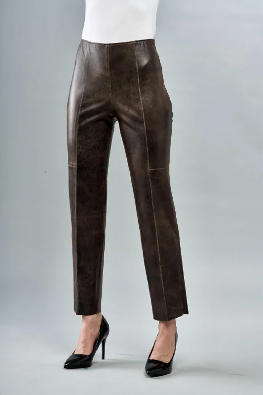 Effortless Elegance Faux Vegan Leather Seamed Pant In Brown