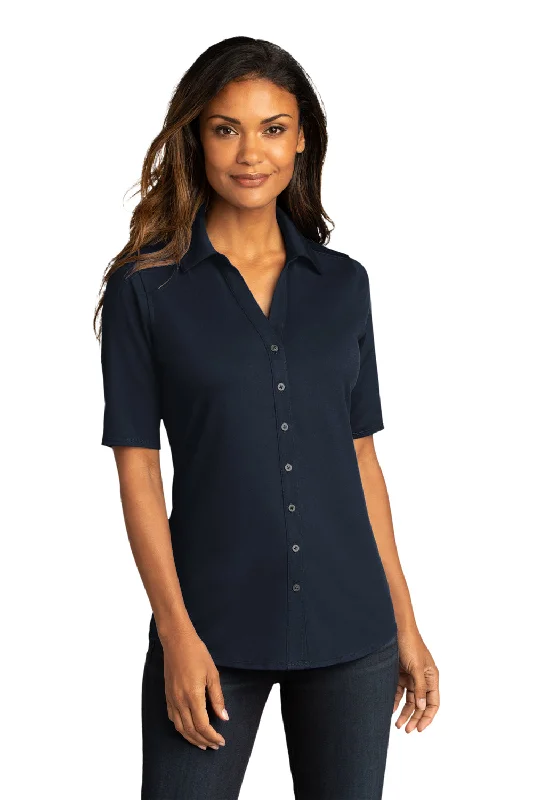 Embroidered Letters Port Authority Womens City Moisture Wicking Short Sleeve Button Down Shirt - River Navy Blue Embroidered Letters Port Authority Womens City Moisture Wicking Short Sleeve Button Down Shirt - River Navy Blue