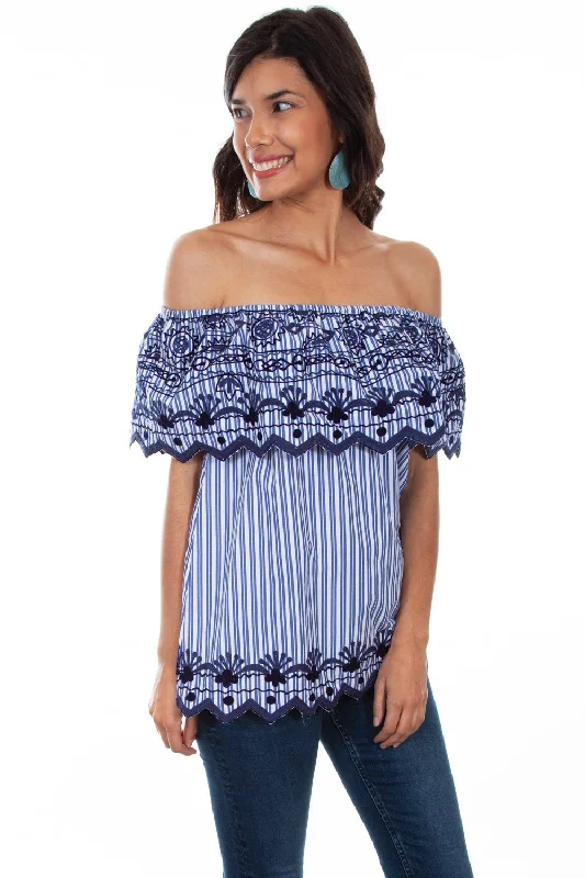 Lazy Style Scully Womens Navy Viscose Stripe Ruffle S/S Blouse