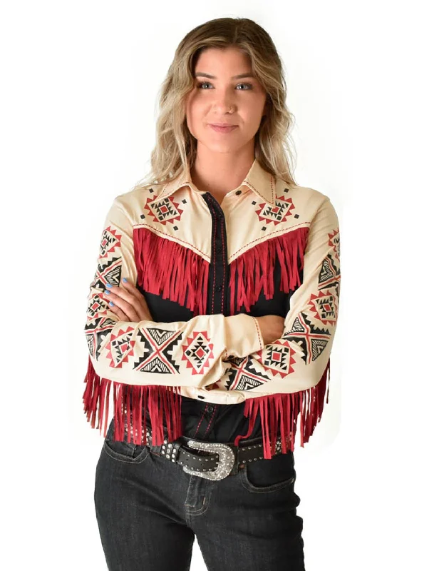 Fashion Must-have Cowgirl Tuff Womens Fringe Pullover Black/Cream Nylon L/S Shirt