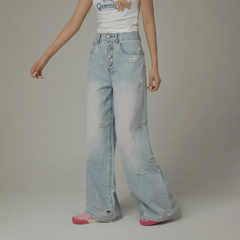 Soft Fabric Looks Multi-Button Ripped Wide Jeans