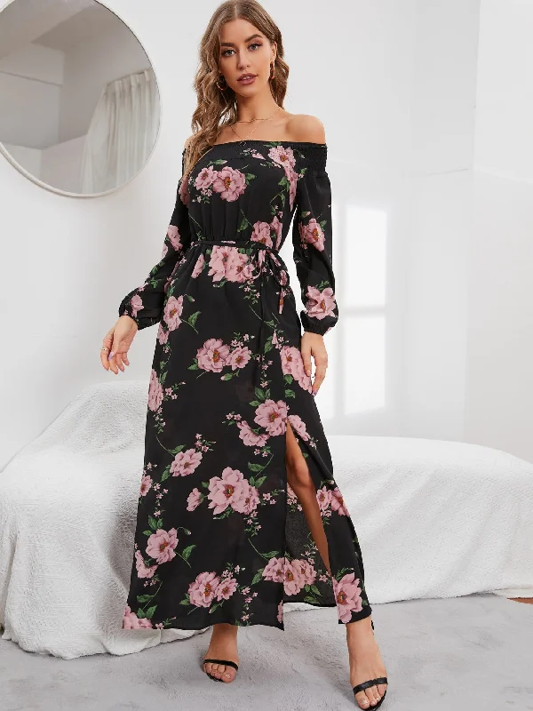 Fresh And Capable All Over Print Tie Front Long Sleeve Off The Shoulder Slit High Waist Maxi Dress