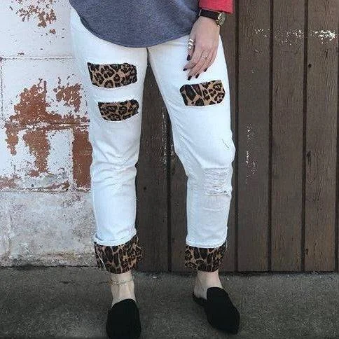 Relaxed Clothing L&B White w/ Leopard Patch Jeans