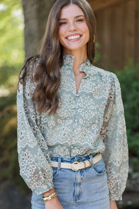 Bright Colors Can't Get Away Dark Sage Eyelet Blouse