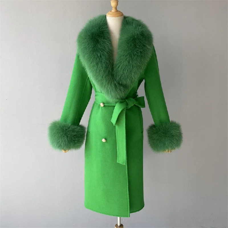 Personalized Wear Women's Green Cashmere Real Fox Fur Collar Long Winter Jacket Outerwear