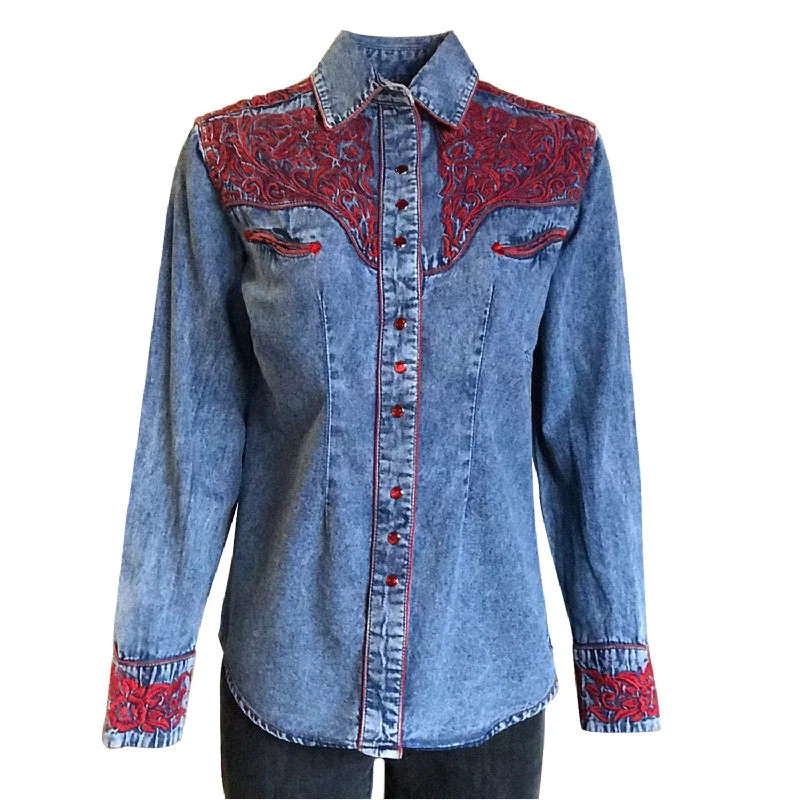 American Style Rockmount Womens Denim/Red 100% Cotton Vintage Tooling Embroidery L/S Shirt American Style Rockmount Womens Denim/Red 100% Cotton Vintage Tooling Embroidery L/S Shirt