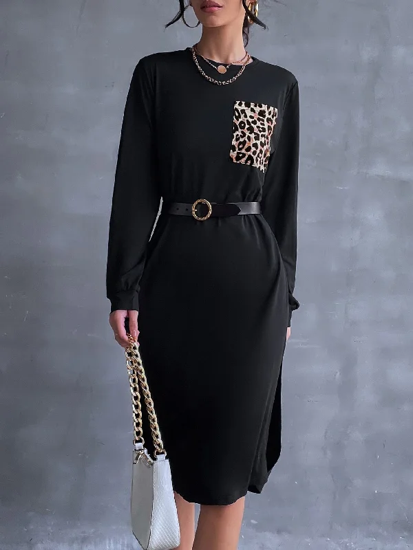 Embroidery Design Leopard Split Long Sleeve Round Neck Straight Natural Knee Length Dress