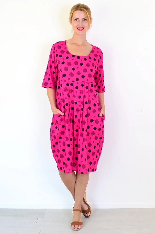 Eye-catching Personality Hot Pink Dots Linen Blend Tunic Dress