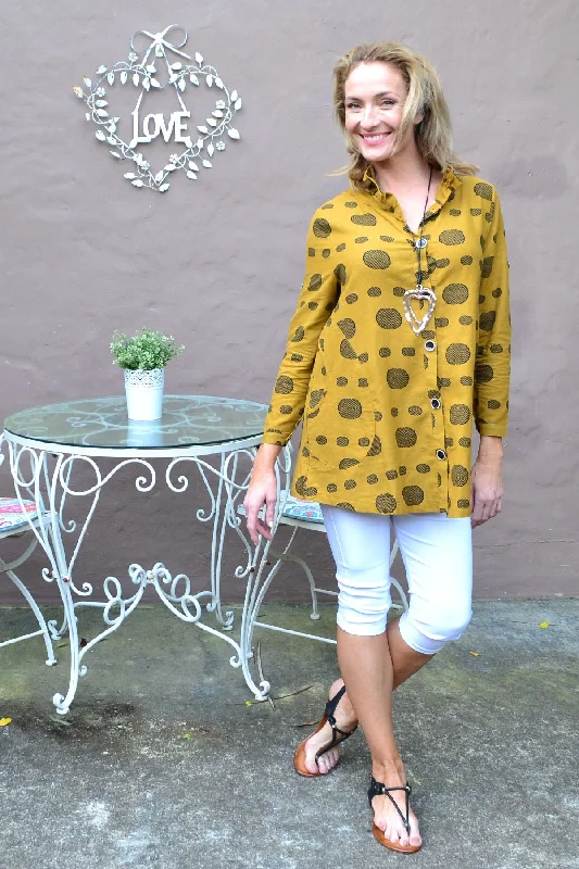 Romantic Data Mustard Spot High Collar Tunic Shirt