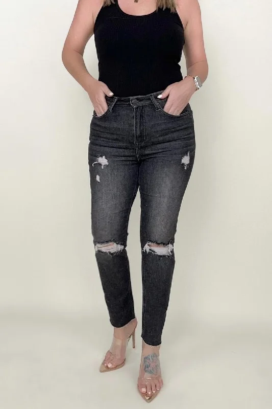 Versatile Casuals Risen High Rise Slim Straight Cropped Raw Hem Jeans